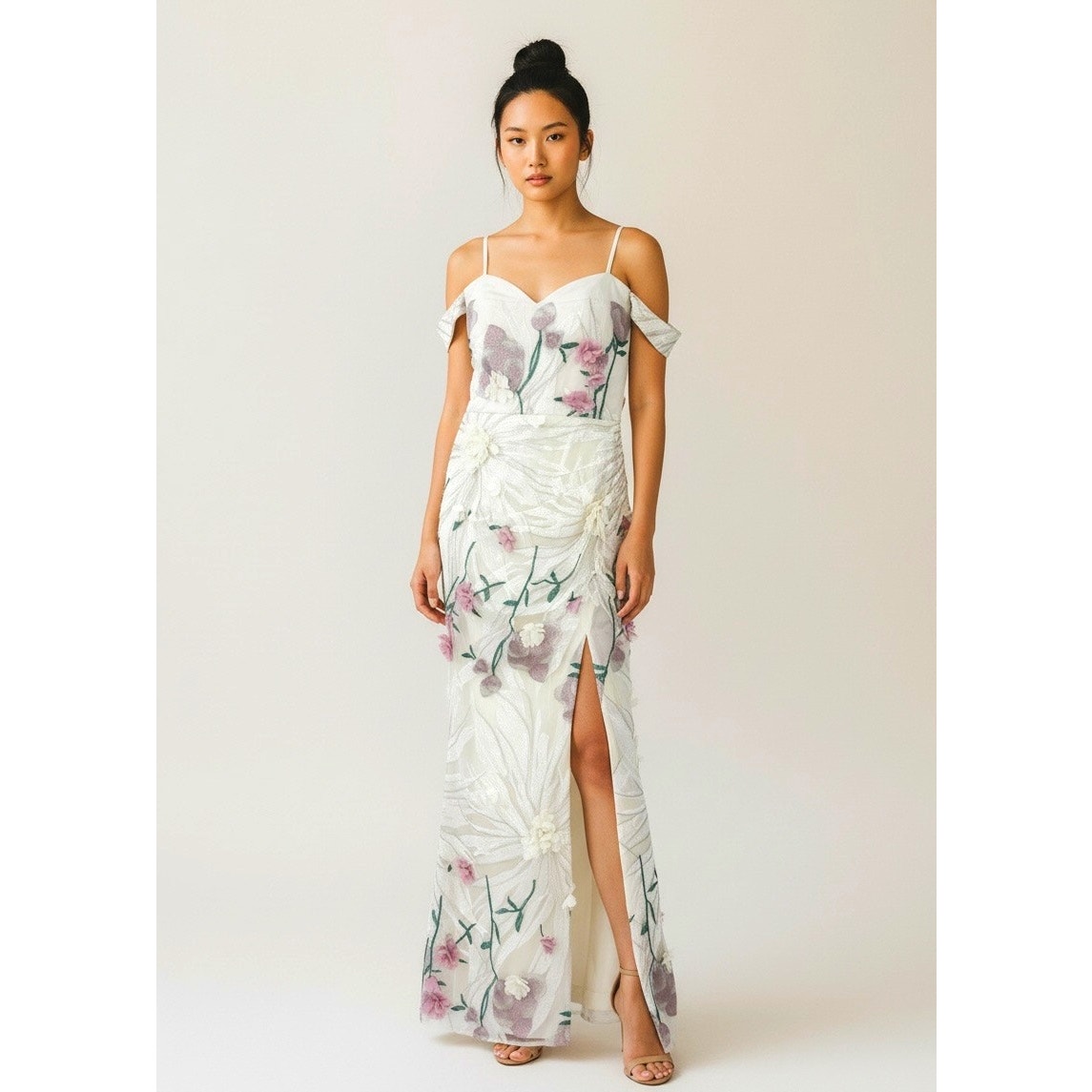 Dress The Population 3d Floral Gown Front Slit Maxi Size Xs Nwot